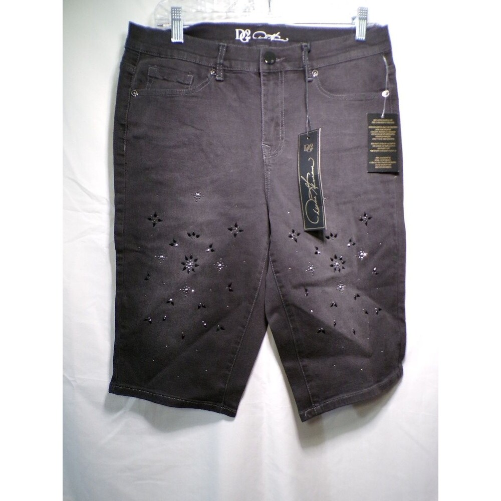 Diane Gilman DG2 Black Crystal Embellished Denim Bermuda Shorts Sz 12